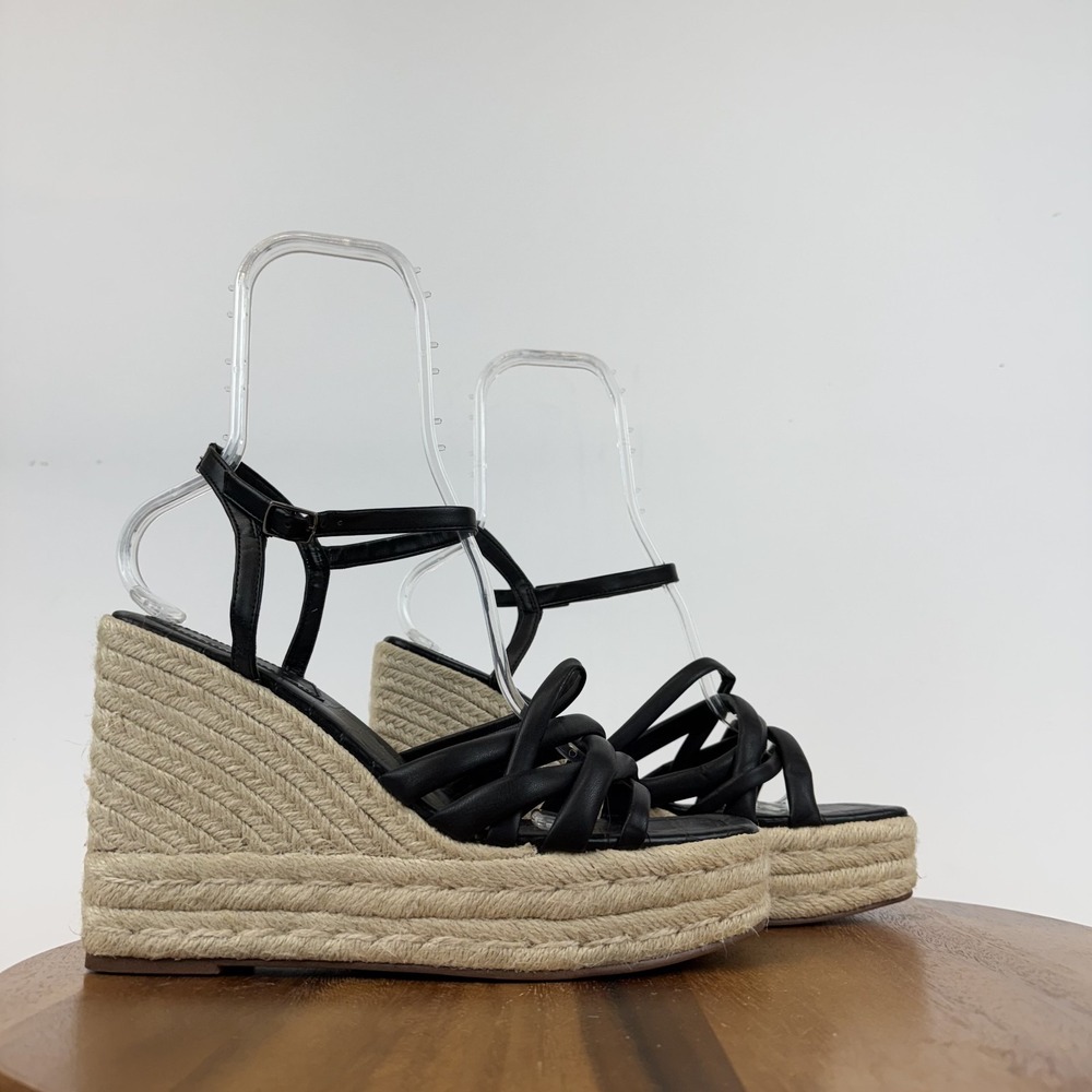 New Circus NY Sam Edelman Irene Black Faux Leather Espadrille Wedges Size 11 M‎